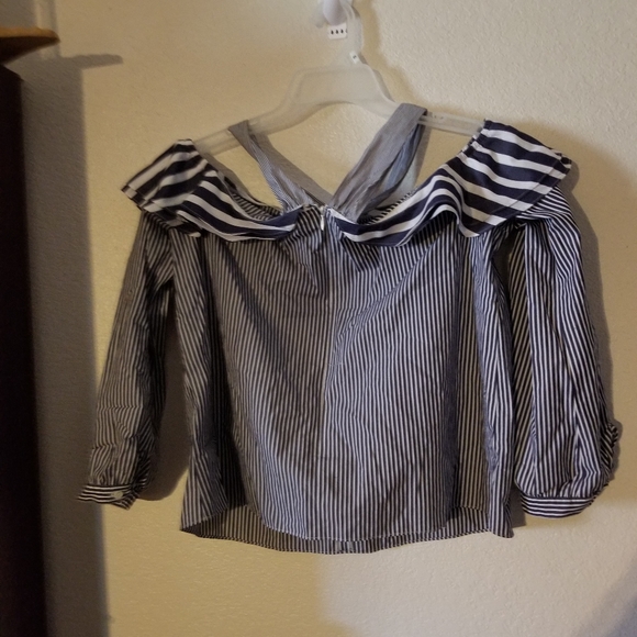 J. Crew Off The Shoulder Cropped Blue White Nautical Blouse - Picture 8 of 10